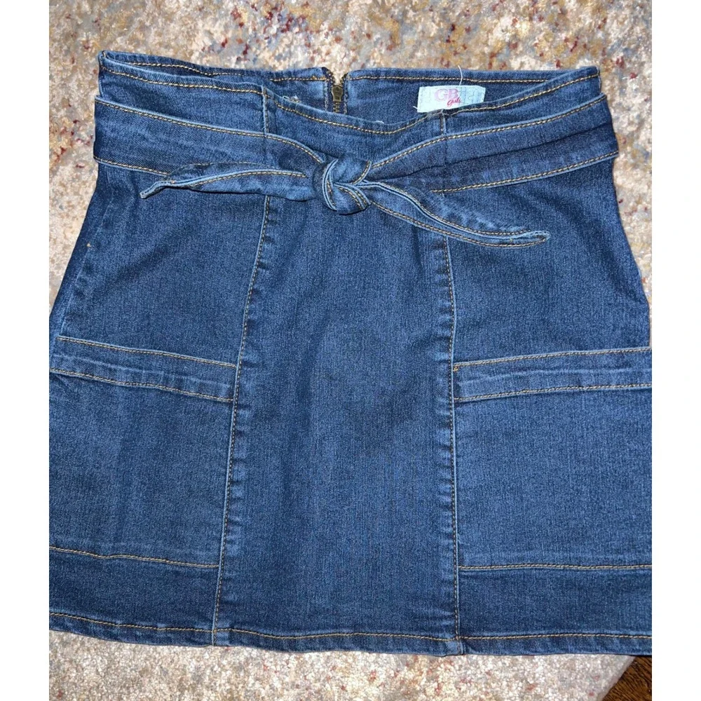 GB Girls‎ Denim Mini Skirt Medium Wash High Waist Tie Belt Blue Kids Size 14